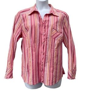 Venezia Pink Orange Silver Striped Snap Front Long Sleeve Blouse Top 18/20